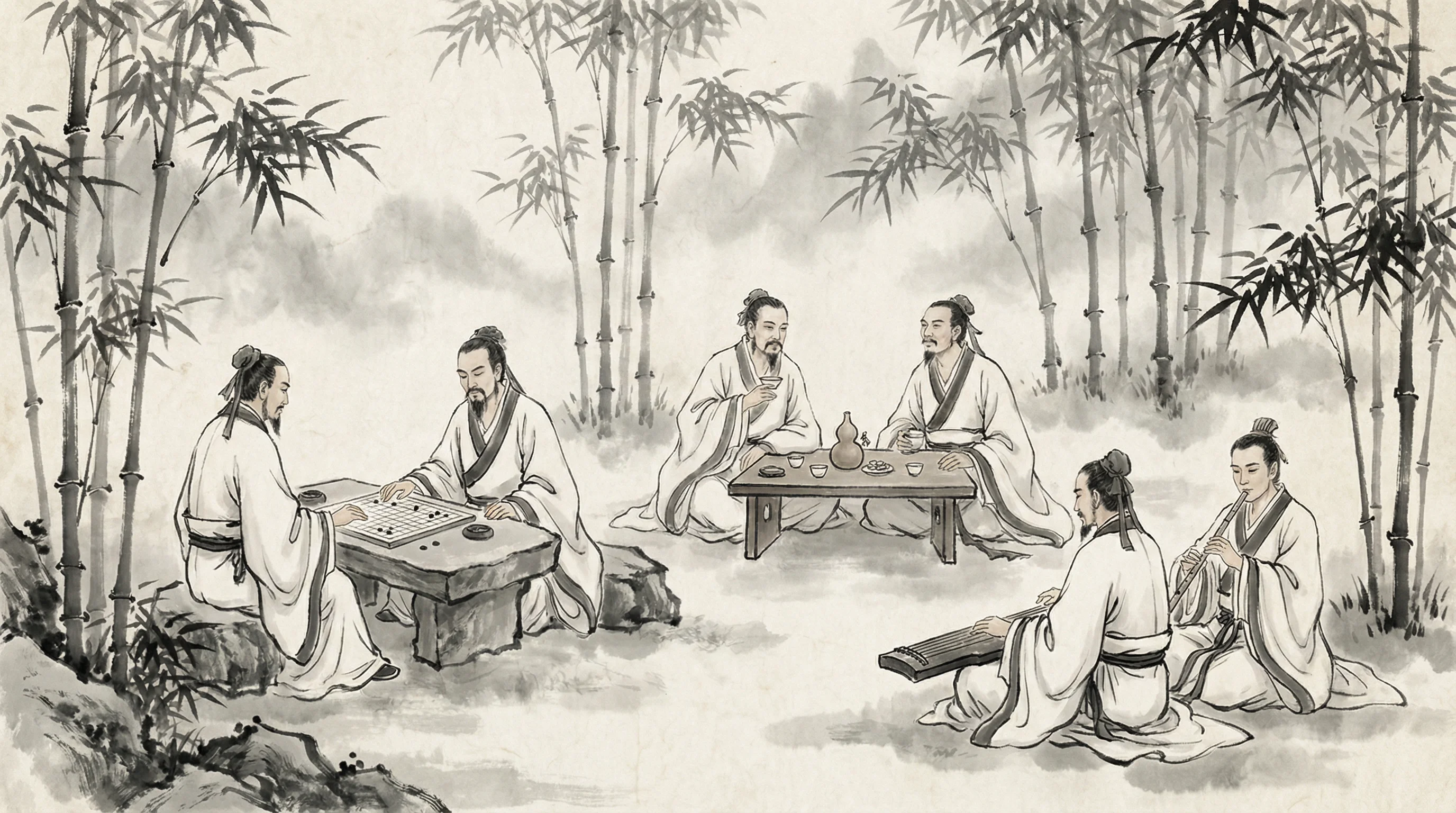 竹林七贤水墨画，隐士以棋会友，共参 pgmajiang 之道