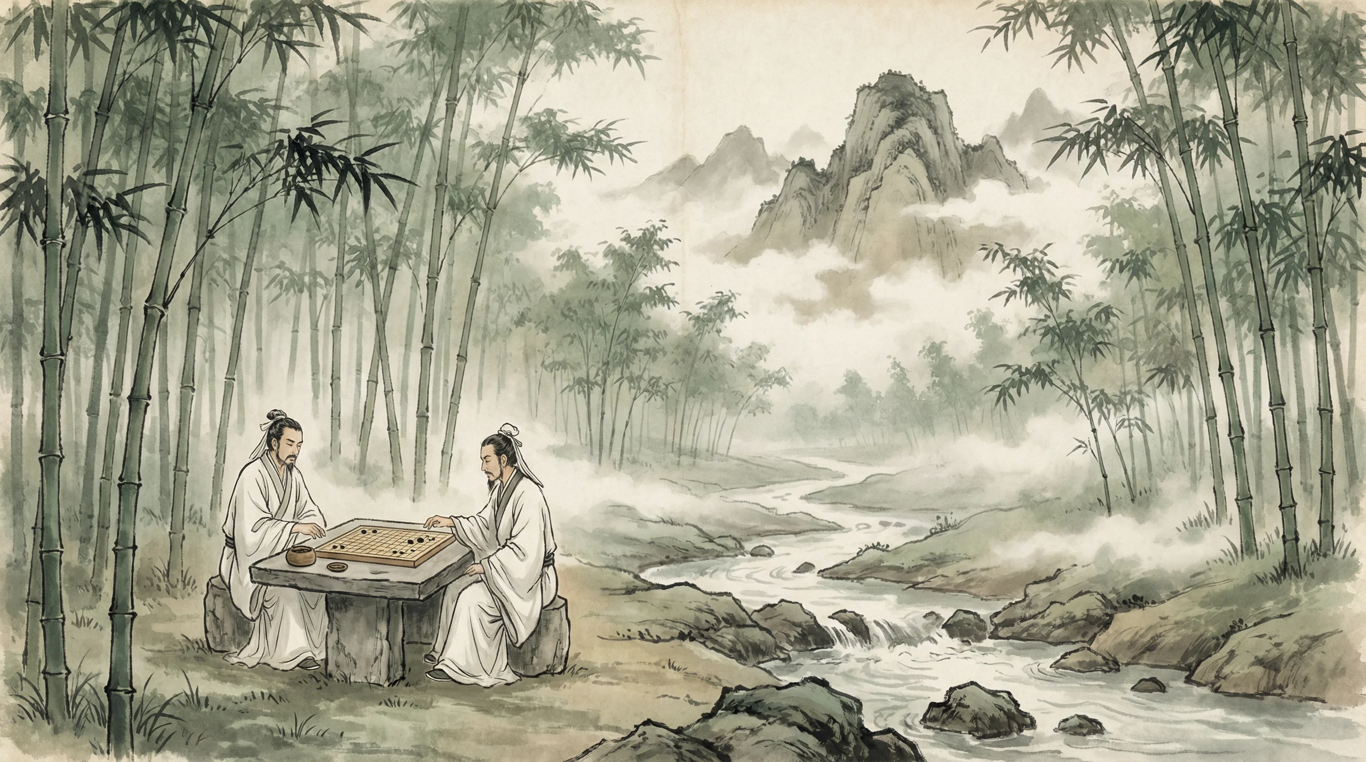 竹林对弈山水画，pgmajiang 棋道风景